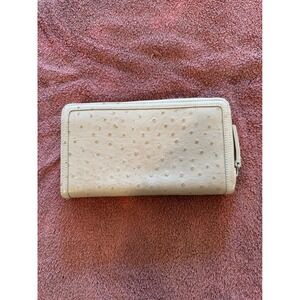 Halogen Beige Ostrich Embossed Leather Zip Around Continental Wallet Organizer